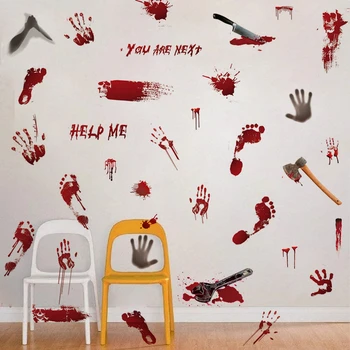 Червени отпечатъци от пръстите, краката щампи, стикери за стена, Графити в банята на Хелоуин, самозалепващи се декоративни стикери за стена, PVC 98x57cm