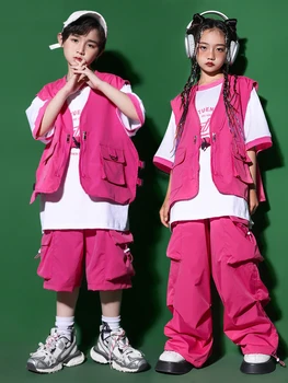 2023 Kpop Детски дрехи за танци в стил хип-хоп, Розова жилетка, Панталони, широки дрехи за джаз изпълнения, Модерен танц с костюми за момчетата BL10727