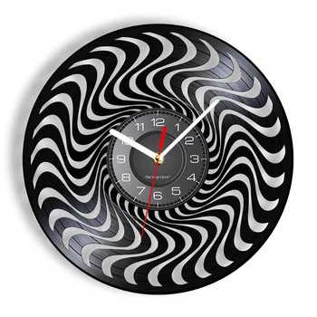 3D усукани кръг, черно-бяла реколта vinyl плоча, стенно изкуство, окачени стенни часовници, оптична илюзия, безшумен механизъм