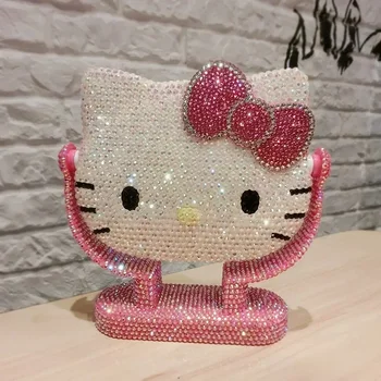 Sanrio Hello Kitty Огледало за тоалетка маса Мультяшные Блестящи кристали Козметично ръчно огледало с диаманти за розови момичета Флип Подарък за момичета
