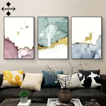 Абстрактен плакат на мраморно, бяло платно, стенни картина с птици от златно фолио, Елена, дърво, модерен плакат с принтом за всекидневна, декориране на дома в спалнята