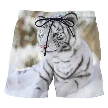 Азиатските къси панталони с бял тигър за мъже, бански с 3D принтом животни, Модерни дневни плажни шорти, свободни плажни къси панталони в стил харадзюку