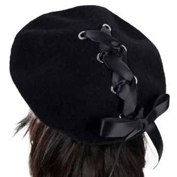 Възрастен шапка с лък за самостоятелно завязки, френска шапка за момичета, горещи момичета, Есенно-зимна шапка за фотография, туризъм пазаруване