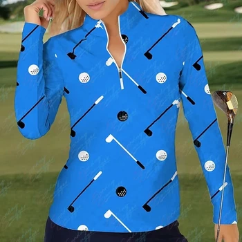 Дамска риза-топка за голф с забавен модел на стика за голф, дишаща, бързосъхнеща, впитывающая пот тенис риза за голф с дълъг ръкав