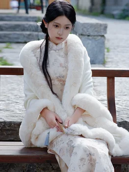 Дамско палто от Изкуствена Кожа в стила на Китайската Република, Бяла Кадифе Наметало и Шал за Чонсам, Есенно-Зимно Елегантно Вязаное