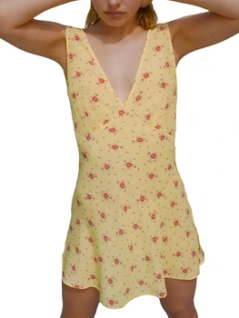 Жена лятно мини рокля на бретелях с флорални принтом, V-образно деколте, без ръкави, с отворен гръб, на експозиции, тънка плажна рокля