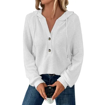 Жена случайни пуловер свободно намаляване с дълъг ръкав и качулка на експозиции, V-образно деколте копчета, монофонични висококачествен пуловер-топ