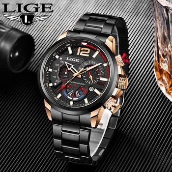 Луксозни Модни кварцов мъжки часовник LIGE, Бизнес часовници е от неръждаема стомана за мъже, водоустойчиви Светещи военни часовници, Мъжки ръчен часовник