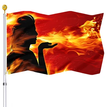 Момичето се Надува Огнен Флаг На Червен Фон с Ярки Цветни Знамена с Двойна Фърмуер от Полиестер с Медни Люверсами За Вътрешен и Външен Декор Къща