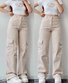 Нови Удари продажбите, Модерен Дамски Панталон с висока Талия, Панталони с 3D Джобове, Панталони с Завернутой талия, Панталони за работно облекло, под формата на Фигурата