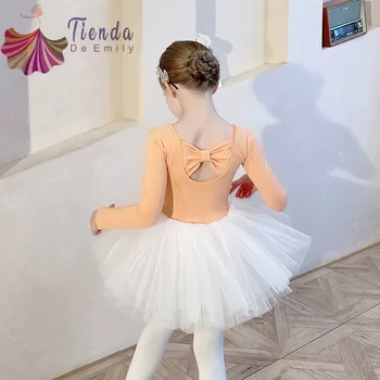 Оранжевото трика, бяла газова пола, облекла за танци за момичета, детски тренировъчното рокля, детска балетна дрехи, костюми за изпълнения на сцената, обикновен