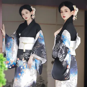 Традиционно кимоно юката, Нов дамски халат за баня с принтом в японски стил, бяло и синьо танцов костюм за cosplay на сцената.