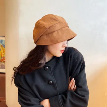 Японската шапка с широка периферия литература и изкуство, универсална Елегантна интелектуална замшевая шапка с френски дрямка, дамски шапки